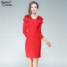 2017 New Arrival Autumn Woman Dress 3d Flower Applique Shoulder Beading Collar Party Event Dress Mini Slim Blue White Red Dress