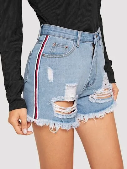 Denim Shorts Female 2019 Summer New Hole Burrs Worn Torn Webbing Hot Pants L |