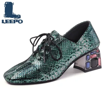 

Women Pumps Autumn Spring Genuine Leather Square Heels Ladies Fashion Lace-Up Pumps Woman Square Toe Party Shoes Oxfords