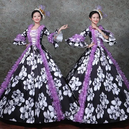 

100%real masquerade purple flower print court medieval dress renaissance Gown queen Victorian /Marie/ Belle Ball/drama/ball gown