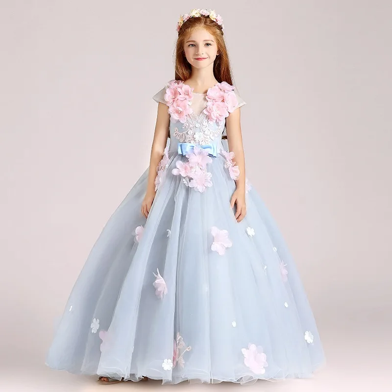 

Children Girls For Communion Long Princess Dress Birthday Wedding Formal Party Dress Kids 3D Flowers Ball Gown Mesh Dress E95