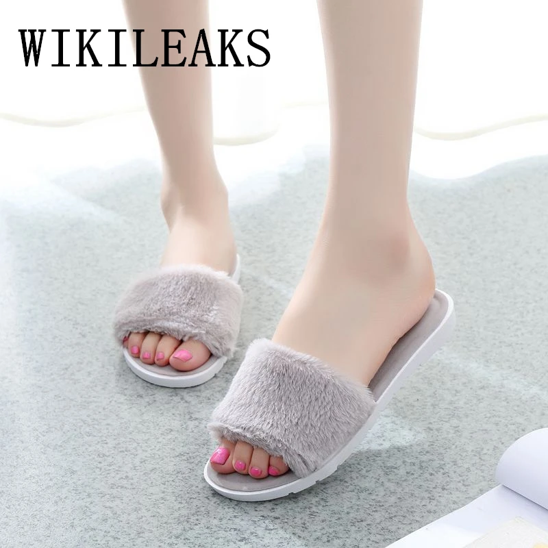 

2019 gray fur slippers women shoes zapatillas chinelo terlik designer fuzzy home slippers high quality fashion fur slides woman