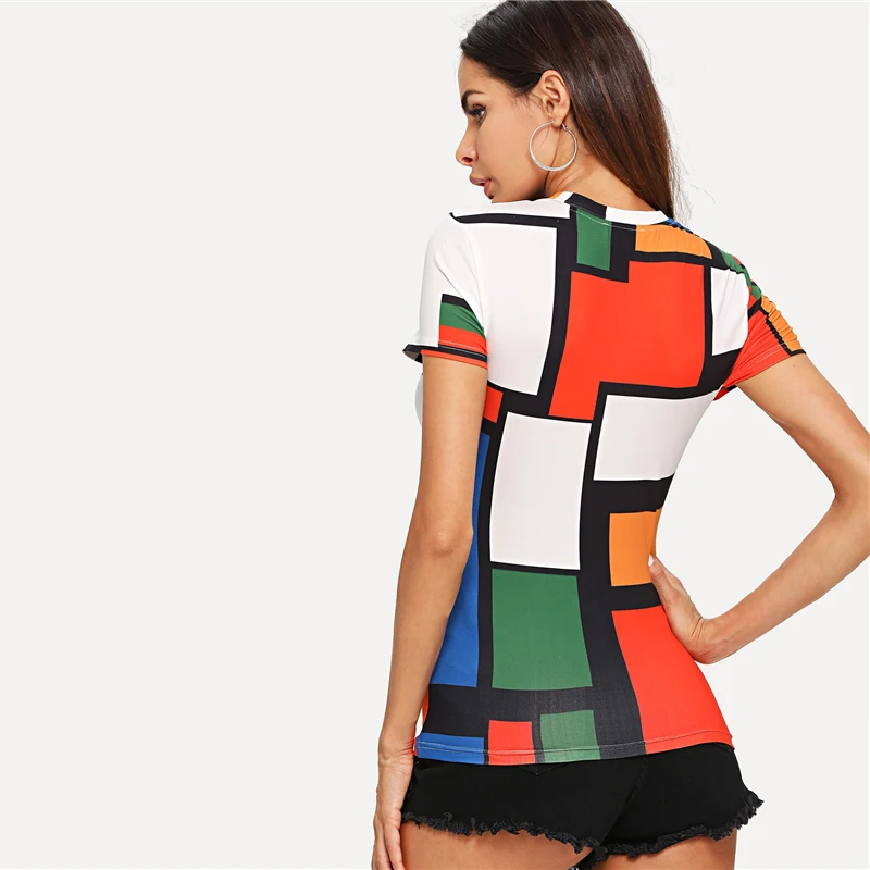 SHEIN модный разноцветный топ с геометрическим принтом, короткий рукав, круглый вырез, женская футболка, рукав реглан, облегающий пуловер, футболка