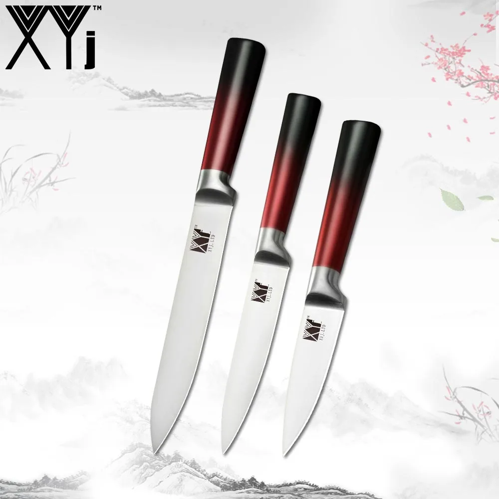 Red 3 pieces XYj нож ручной работы из нержавеющей стали, нож для нарезки фруктов, кухонный нож шеф-повара, Набор японских поварских кухонных инструментов, градиентная ручка - Цвет: Red 3 pieces