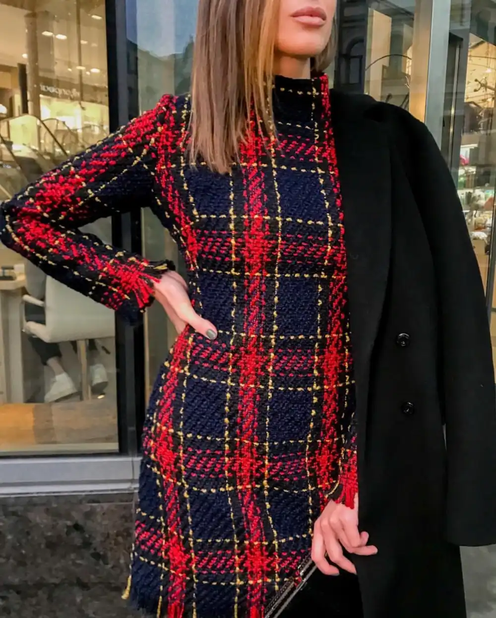 colorful plaid print tassels bodycon mini dress