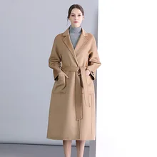 Light brown 100% double wool coat winter long high waist coat woolen solid coat thicken one button belt wool overcoat women 2018
