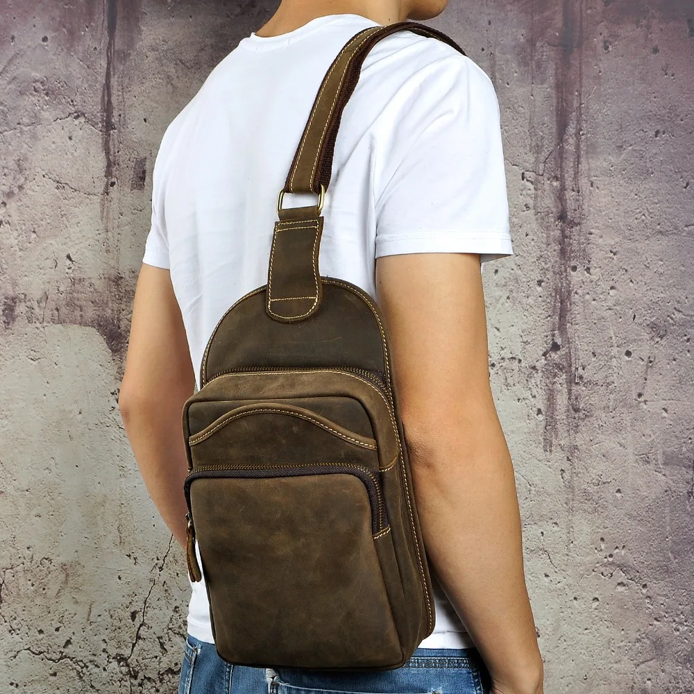 Hot Le/'aokuu Men Crazy Horse Leather Genuine Crossbody Shoulder Bag