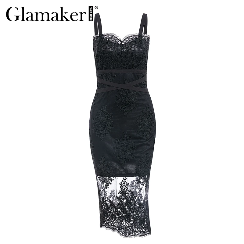 Glamaker Emboridery, прозрачный сетчатый сексуальный сарафан, женское Белое Облегающее Платье с высокой талией, элегантное женское летнее платье для вечеринки - Цвет: Черный