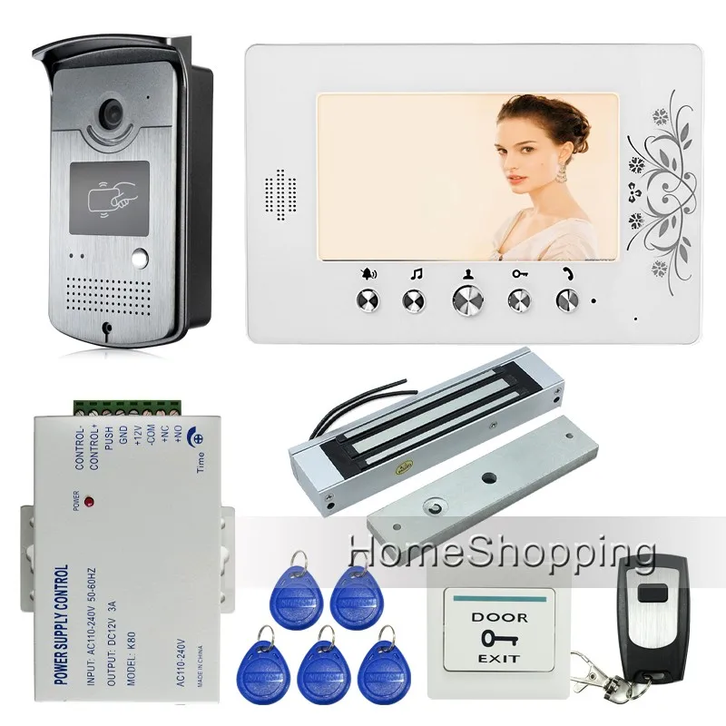 Проводной " цветной видео домофон дверной звонок RFID камера доступа+ 1 белый монитор+ электронный магнитный замок