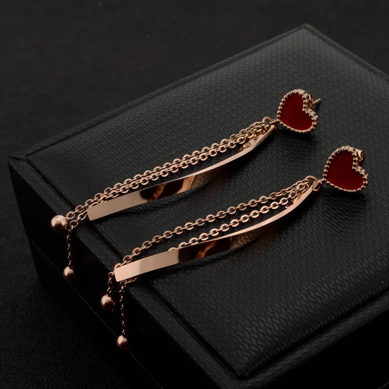 

jewelry manufacturer Korean high-grade bead earrings drip nectarine red heart chain ear line ear nails long earrings