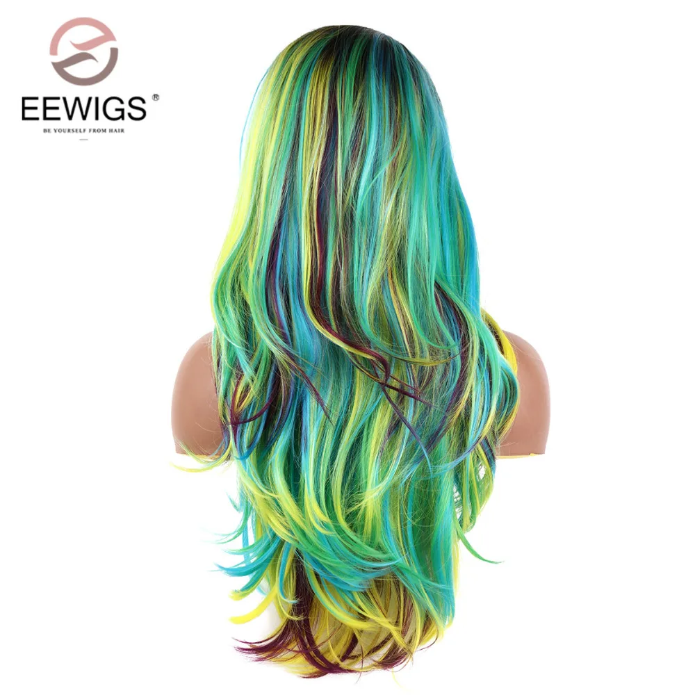 EEWIGS красочные радужные зеленые синтетические парики на кружеве длинные волнистые парик с короткими корнями жаростойкий парик королевы для женщин