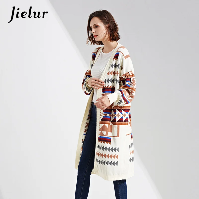 Jielur Winter Europe Leisure Long Cardigan Geometric Pattern Printed Sleeve Lady's Sweater for Women Warm Knitted Cardigans |