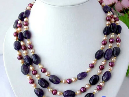 

Miss charm Jew1575 3ROW NATURE ellipse AMETHYST ROUND PEARL NECKLACE