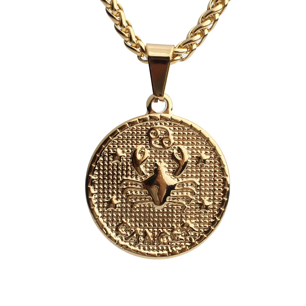FINE4U 12 Знак зодиака, созвездие, подвески, ожерелье из нержавеющей стали, цепочка, ожерелье, большие монеты, ожерелье s для подарка на день рождения - Окраска металла: Cancer