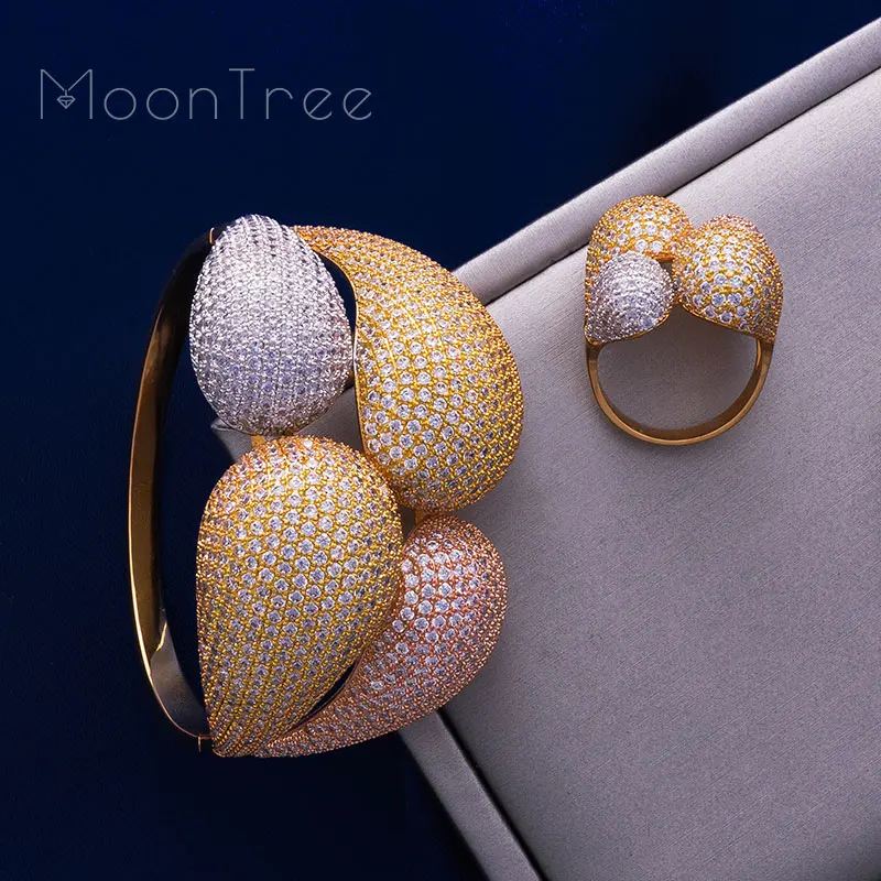 

MoonTree Luxury Ball Three ToneSuper Shiny AAA Cubic Zirconia Women Width Feather Geometry Baguette Bracelet Bangle And Ring Set