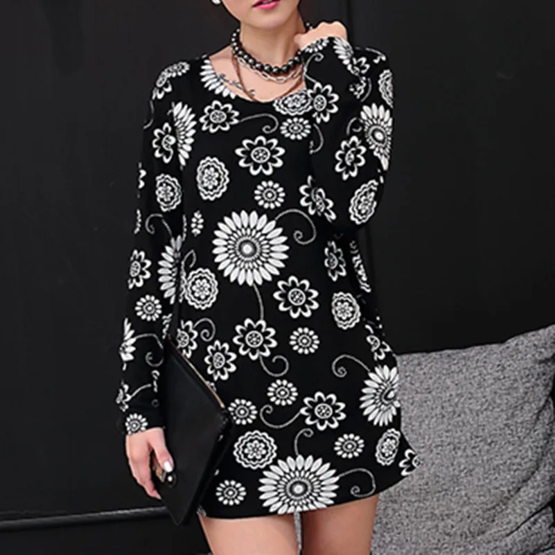 

Thin 2018 Fashion Women autumn winter Pullovers Sweaters casual loose sweater print tunic good quality black floral