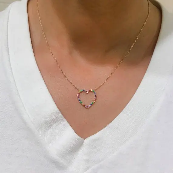

Classic heart pendant fine 100% 925 sterling silver collar rainbow cz Heart pendant valentines lover gift 925 silver necklace