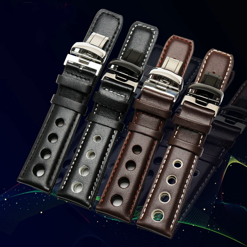 

Laopijiang genuine Leather Strap For Sports Racing Series PRS516 T91 1853 Watch 20mm Black Orange Line with steel folding buckle