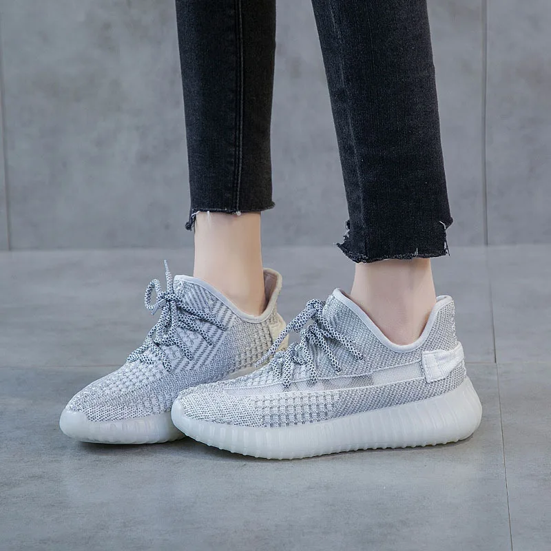 

2019 spring and summer new fashion wild casual shoes comfortable and breathable flying woven single shoes starry reflective flat