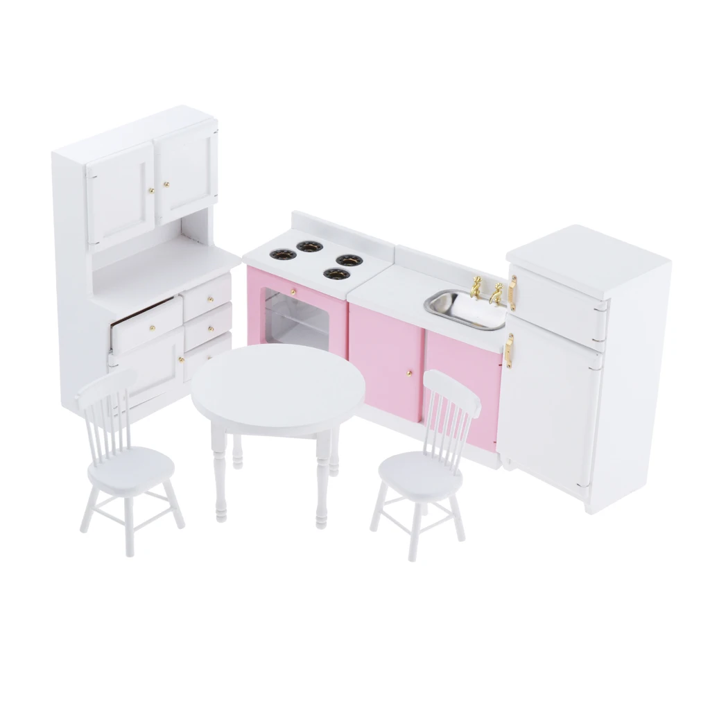 1/12 Scale Miniature Dollhouse Kitchen Furnitures Set Refrigerator, Table and Chairs, Cabinet, Countertop Decor