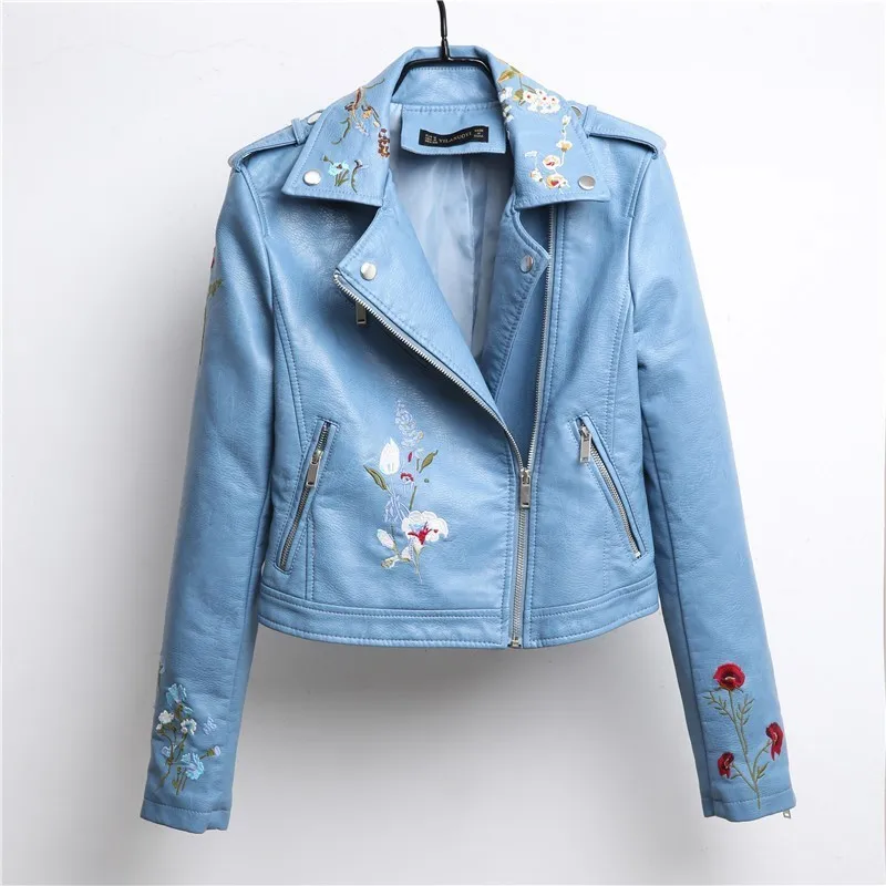 Весенняя кожаная куртка с цветочной вышивкой, женское байкерское базовое пальто, Панк искусственная куртка, Jaquetas Couro Casaco Chaquetas, куртка из искусственной кожи, PY33 - Цвет: Blue