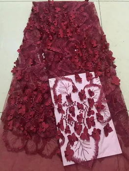 

Wine red Nigerian French Lace Fabrics 2018 African Tulle Lace Fabric applique beads African Lace Wedding party Fabric For Dress