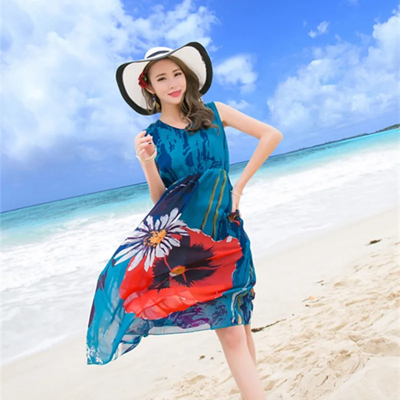 Maternity Dress 2018 Summer New Bohemian Maternity Beach Pregnant Woman Chiffon Printing Fashion 