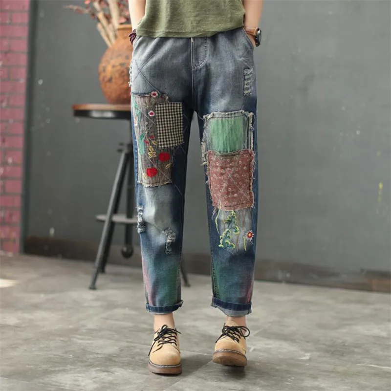 

National style retro Embroidered flowers Jeans woman Washed hole Patch Denim Harem pants female casual trousers p1237