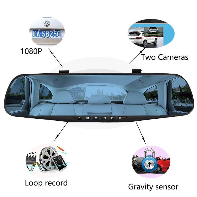 Автомобильный видеорегистратор зеркало FHD 1080P 4 3 дюйма двойной объектив с камерой