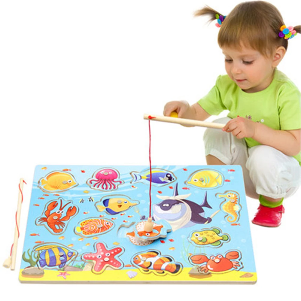 Wooden Magnetic Fishing Game Puzzle Toys Toddlers Kids Children Educational Fish Parent-Child Interaction Toys For Children Gift