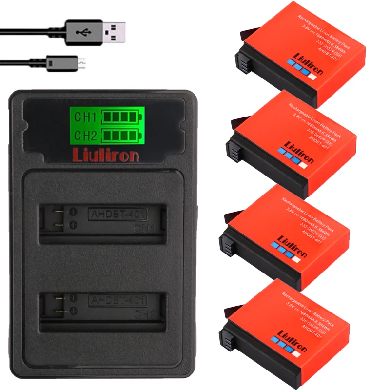 

hero4 hero 4 battery + LCD USB Dual Charger For Gopro Hero 4 Batteries Go Pro Hero4 bateria AHDBT 401 Action camera Accessories