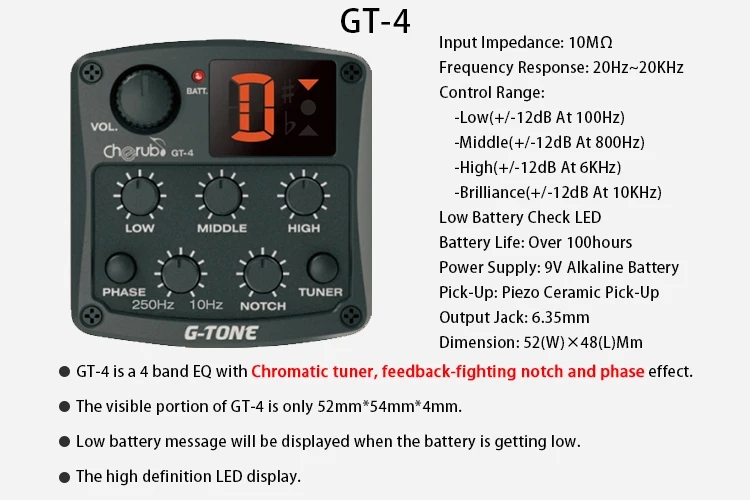 Cherub гитара Эквалайзер предусилитель система фазовый эффект аксессуары для гитары хроматический тюнер акустическая реверберация задержка GT-серия