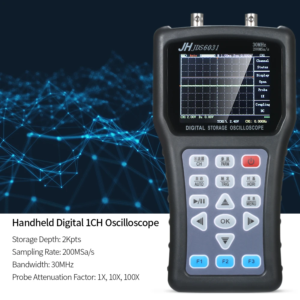 

Digital Oscilloscope Portable Scope Meter Digital Storage Oscilloscope 30MHz 200MSa/s with USB Charger Probe Cable Oscilloscope