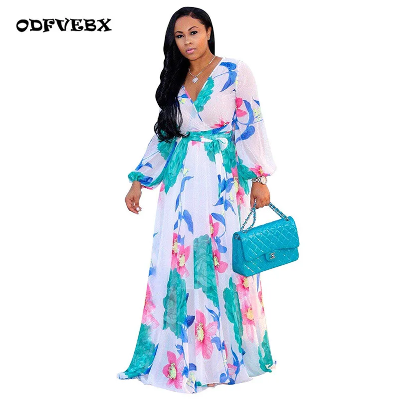 

2019 New Summer Female Print Chiffon Long Dresses Fashion Large Size Sexy V Neck Long Sleeve Dress Women's clothingODFVEBX HY487