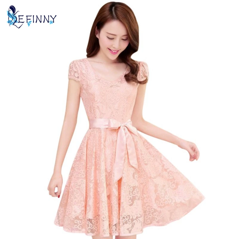 

Fashion Summer Cute Short Sleeve Floral Lace Dress Solid V-Neck Girl Elbise