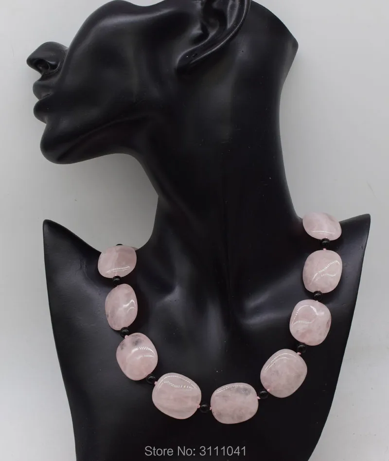 

pink Rose quartz pink square and black agate round 23-25mm necklace 20inch wholesale beads nature FPPJ woman gift xmas gift