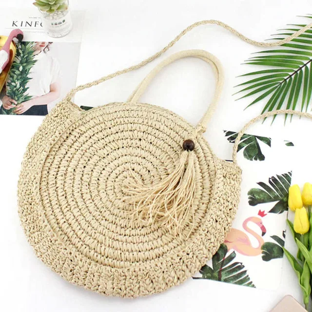

LJL-Round Fringed Straw Bag Shoulder Versatile Casual Handbags Paper Rope Woven Bag Beach Bag