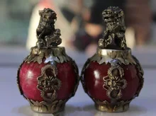 

Pair Tibet Silver Red Jade Dragon Phoenix Ball Foo Fu Dog Guardion Lion Pair Statue Garden word Tibetan Silver Bronze decoration