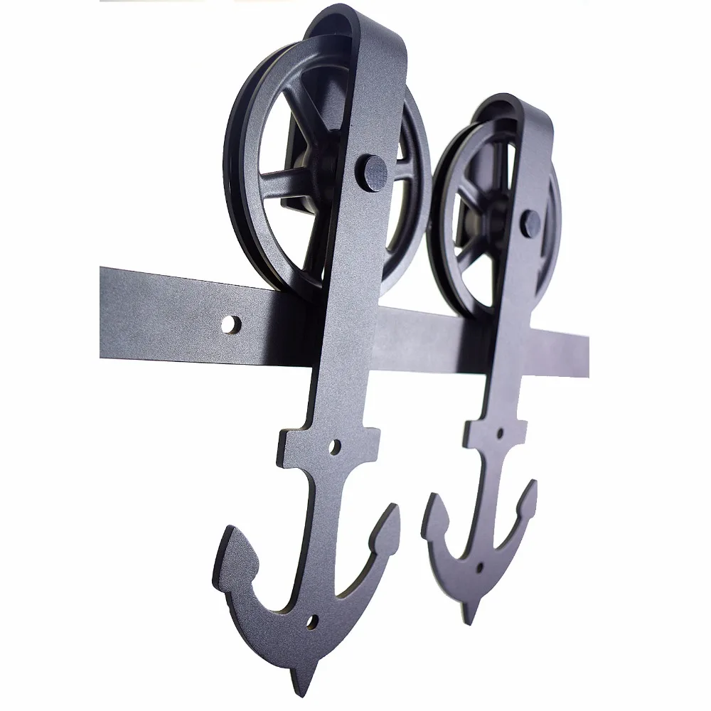 LWZH Closing Antique Style Steel Sliding Barn Door Hanger Track Hardware Kit Black Anchor Shaped with Big Roller for Single Door