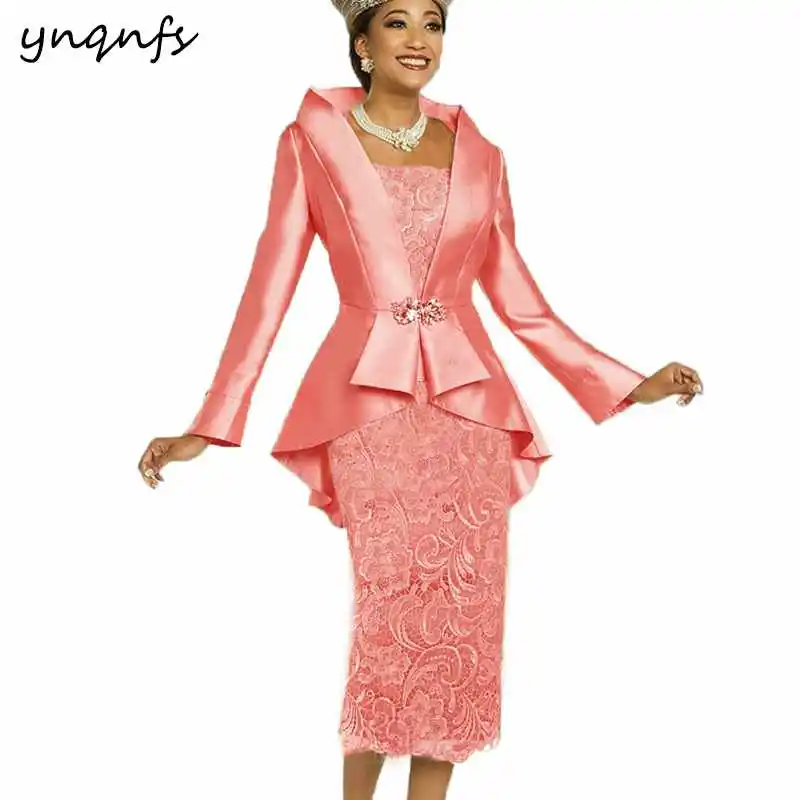 YNQNFS M52, элегантное платье длиной до середины икры,, два предмета, платья для матери невесты с жакетом, Болеро для жениха, мамы, кружевное платье, свадебное платье - Цвет: coral