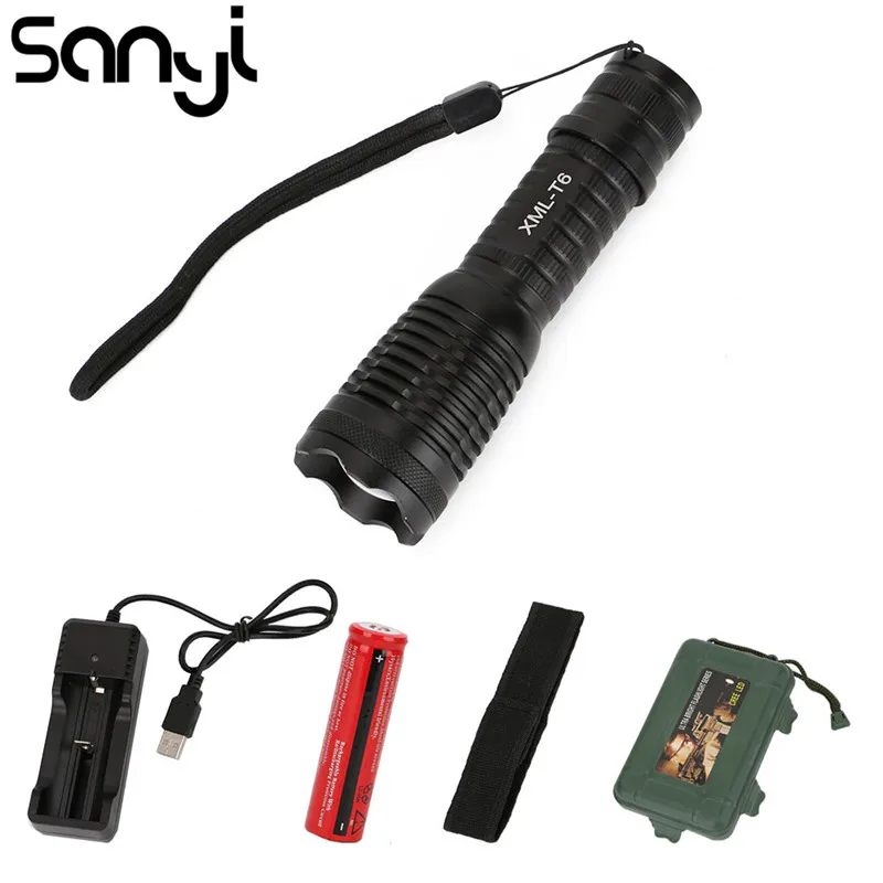 

SANYI XM-L T6 LED Tactical Flashlight 3800Lm Zoomable Torch Lantern Light for Hunting Camping +1*18650 battery+USB Charger