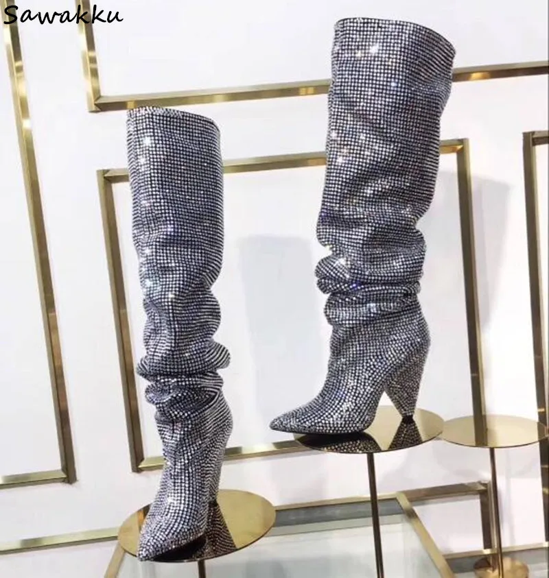 

Bling Rhinestone Women Boots Luxury Full Crystals Knee High Boots Sexy Runway Chunky High Heel Boots Slip On Ladies Knight Botas