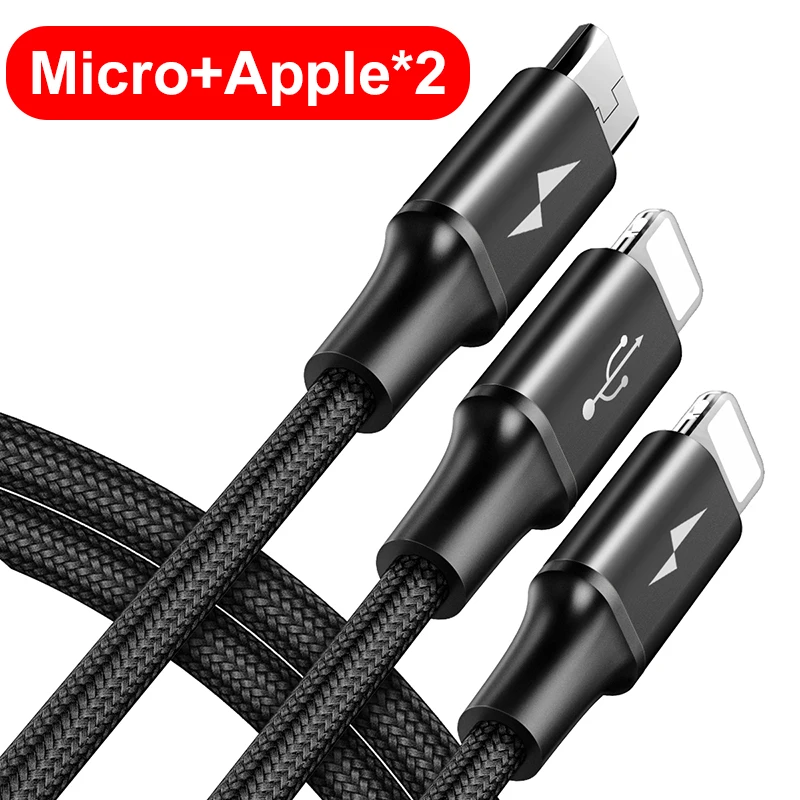 Baseus 2 в 1 Micro usb type C кабель для samsung Xiaomi мульти быстрое зарядное устройство кабель 3 в 1 Microusb кабель для мобильного телефона для iPhone - Цвет: 3 in 1 Black