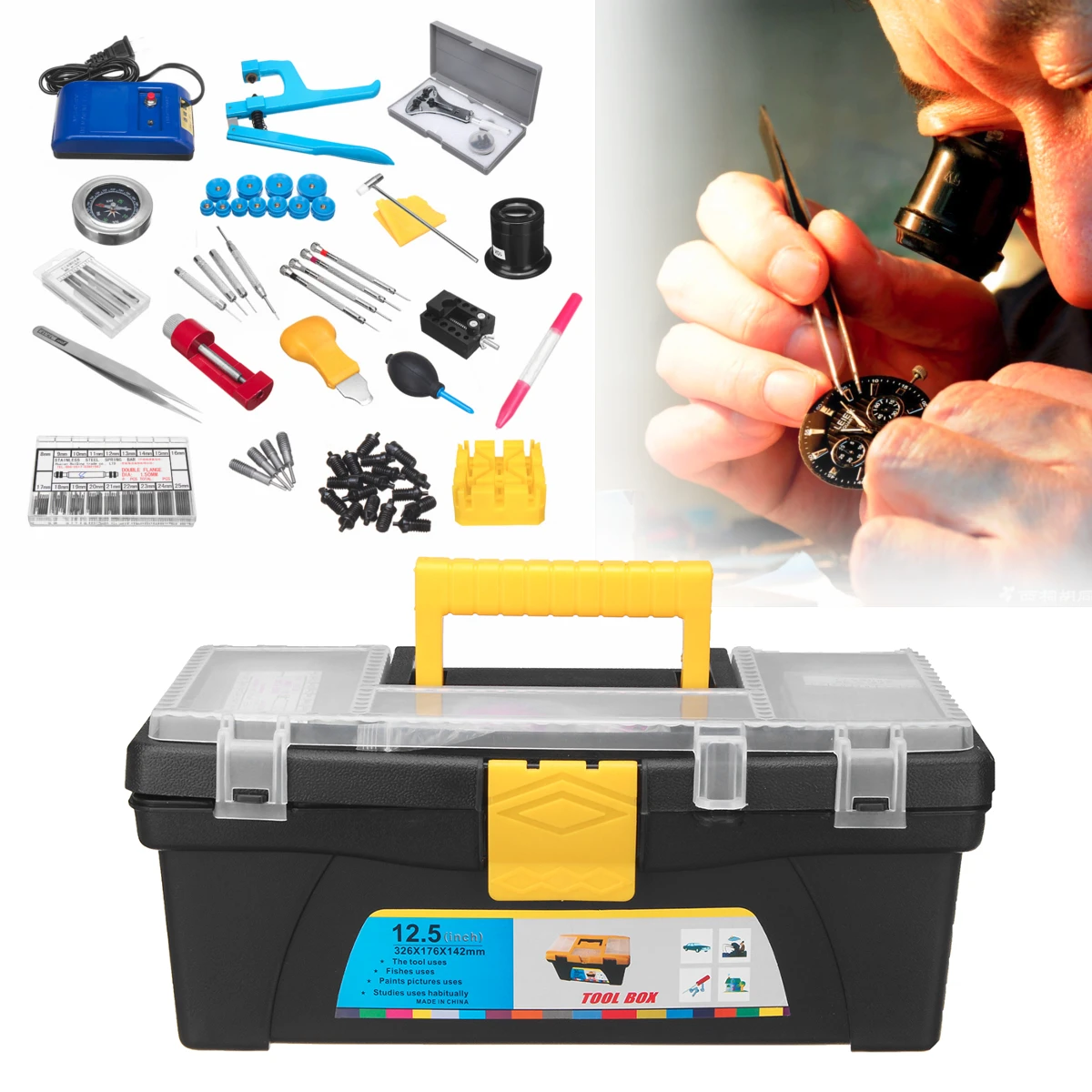 

46pcs Watch Repair Kit Clock Repair Tool Kit Back Case Pin Link Spring Strap Remover Opener Tool Kit Set for DIY Hand Tool Sets