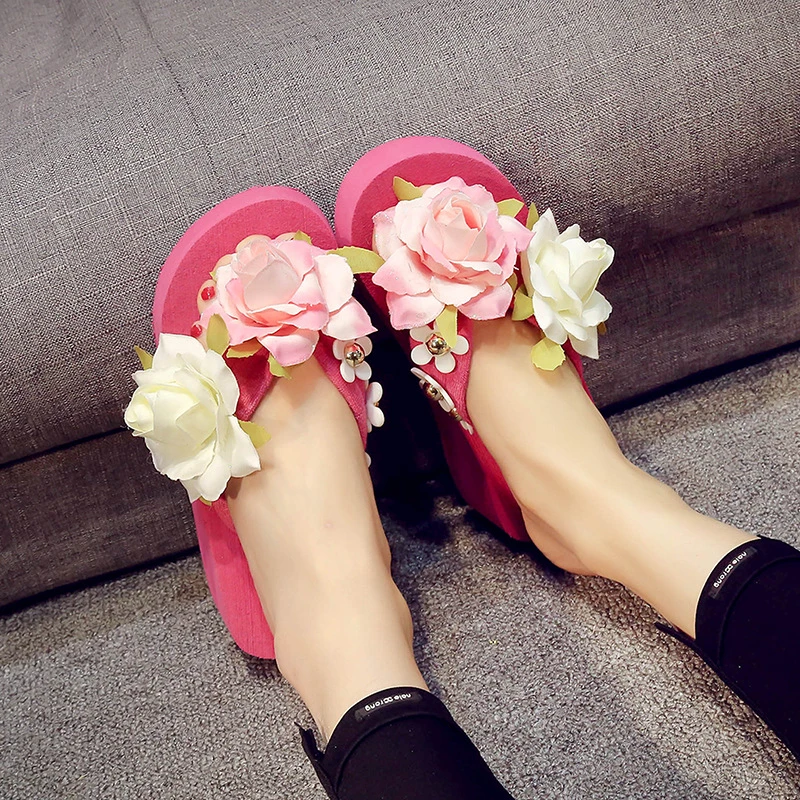 Sandalias de plataforma de verano zapatillas de flores rosas para mujer, chanclas florales coloridas, cuñas de perlas con abalorios, zapatos antideslizantes|Zapatillas|
