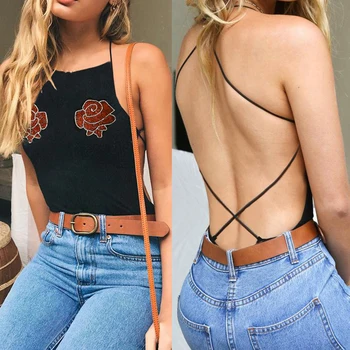 

New Women's Sexy Off-Shouder Backless Rose Print Slim Bodysuit Female Summer High Street Hot Beach Swimming Romper Bodysuit