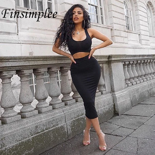 Summer 2018 Sexy 2 Piece Set O Neck Sleeveless Crop Top Tank Skinny Short Tops and Bodycon Calf Length Pencil Skirt Set Women