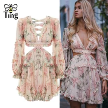 Tingfly Fashion pink Designer Runway Dress Women’s Hollow Out Ruffles Floral Print Chiffon Mini Dress Sexy Backless Deep V neck