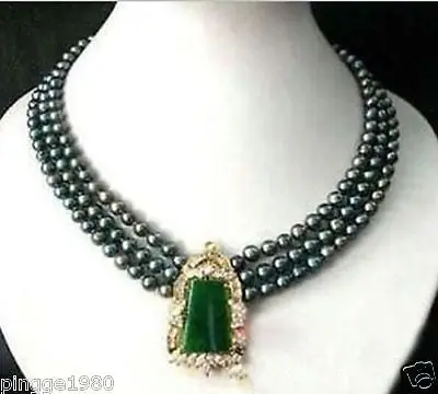 

Hot sale 3 row black pearl green jade crystal pendant necklace