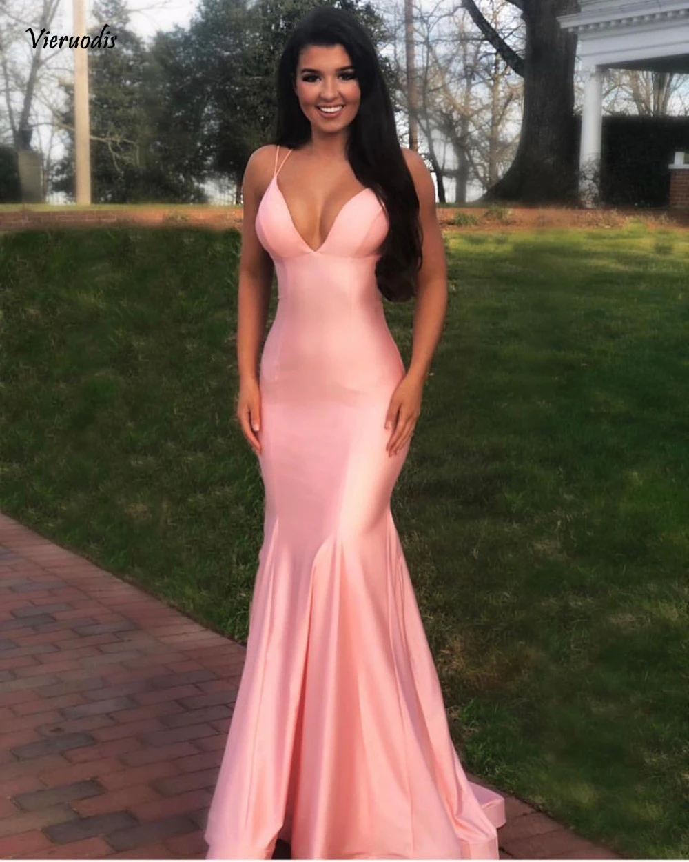 

2019 Pink Mermaid Satin Long Prom Dresses With Spaghetti Straps Sexy Deep V Neck Open Back Teens Simple Evening Party Gowns